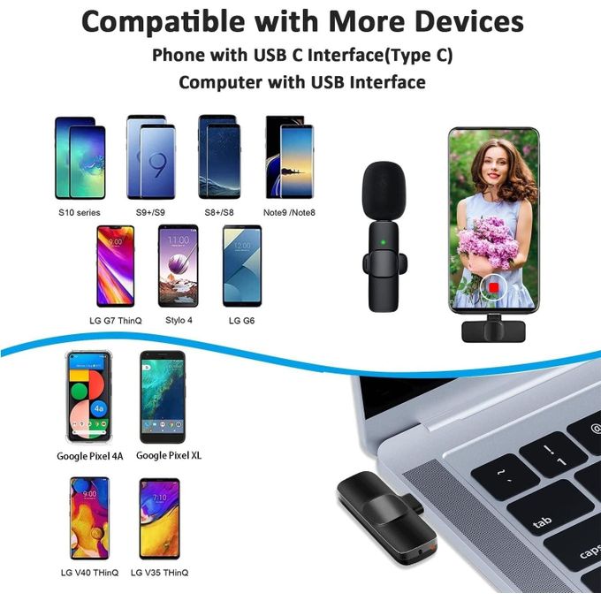 K8 Wireless Microphone, Digital Mini Portable Recording Clip Mic with Receiver for All Type-C Lightning Mobile Phones Camera Laptop for Vlogging YouTube Online Class, Zoom Call
