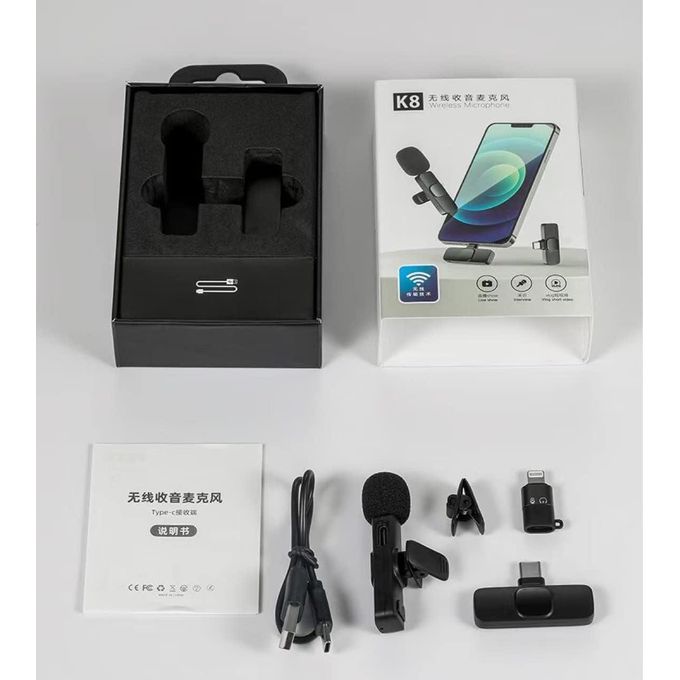 K8 Wireless Microphone, Digital Mini Portable Recording Clip Mic with Receiver for All Type-C Lightning Mobile Phones Camera Laptop for Vlogging YouTube Online Class, Zoom Call