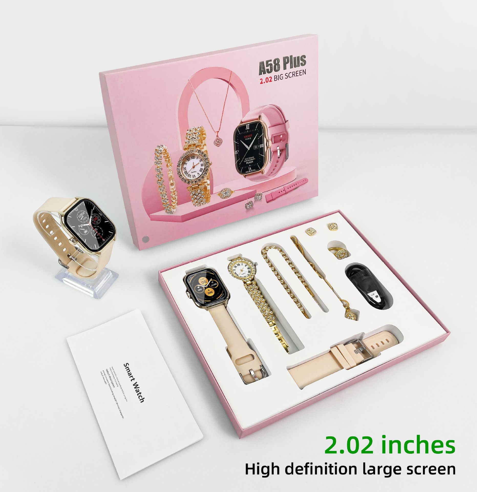 Girls Ladies Women Gift Sets Diamond Bracelet Necklace Ring Earring A58 Plus Smart Watch