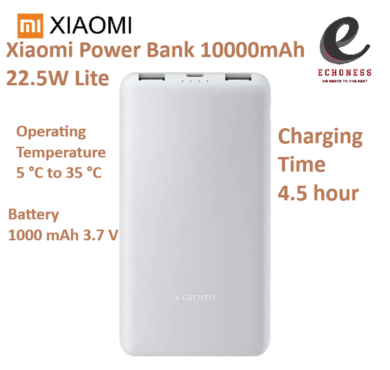 NEW ARRIVAL Xiaomi Power Bank 10000 mAh 22.5W Lite, Fast and Efficient Charging, 4.5 hour Charging Time, Dimensions 148.4 x 73 x 15 mm, Operating Temperature 5 °C to 35 °C