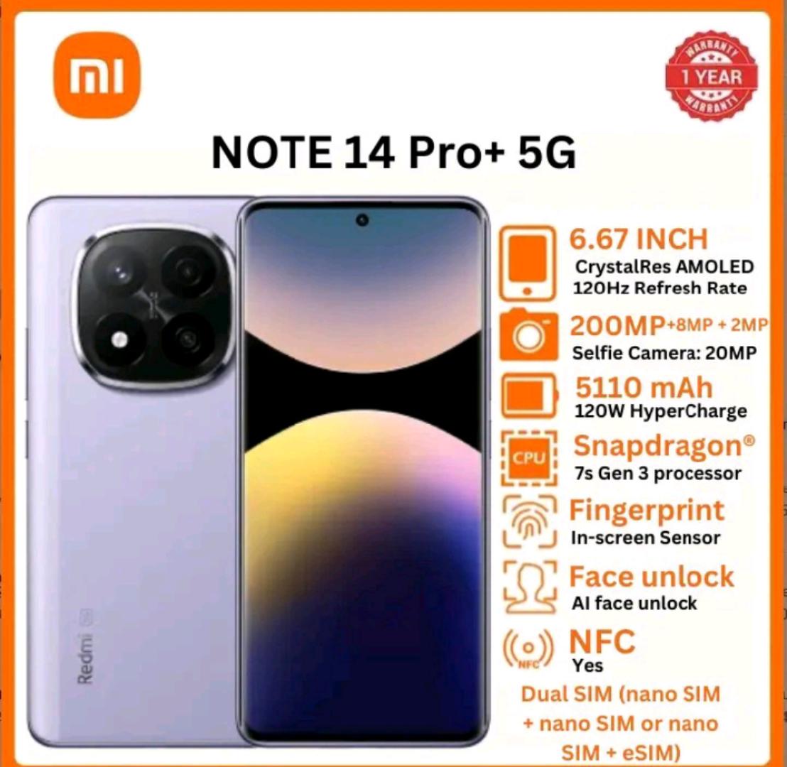 XIAOMI REDMI NOTE 14 Pro+ 5G Smartphone  6.67'' AMOLED  Display  12GB + 512GB ROM 200MP +8MP+2MP Triple Camera 20MP Front Camera Snapdragon 685 5110mAh Battery  Dual SIM PHONE