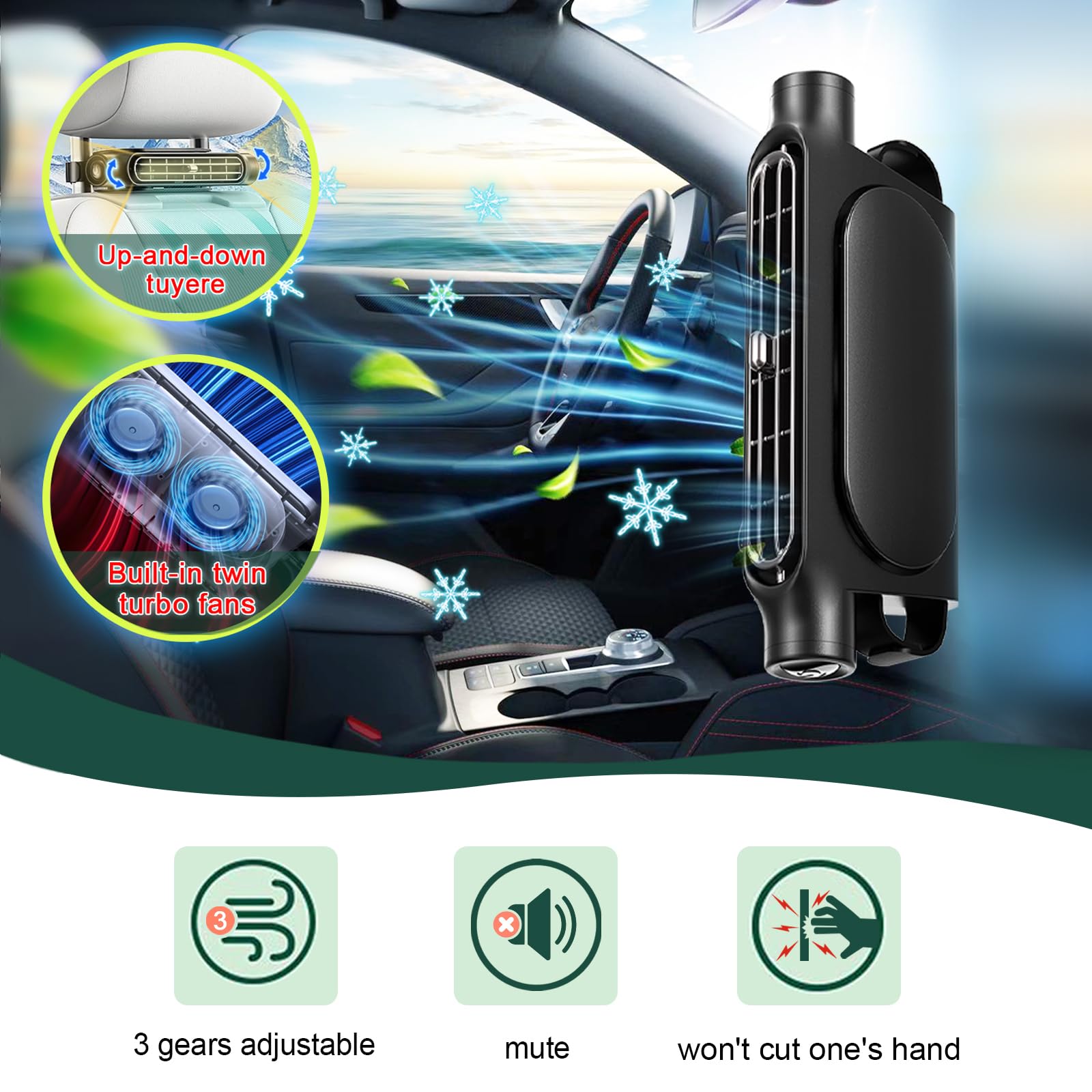 Mini Car Mounted Seat Back Cooling Fan Portable Vehicle Fan 3 Speed Headrest Silent Cooler Car Seat Cooling Fan for SUV RV Truck Sedan Mini Seat Fan for Office for Kids (Black)