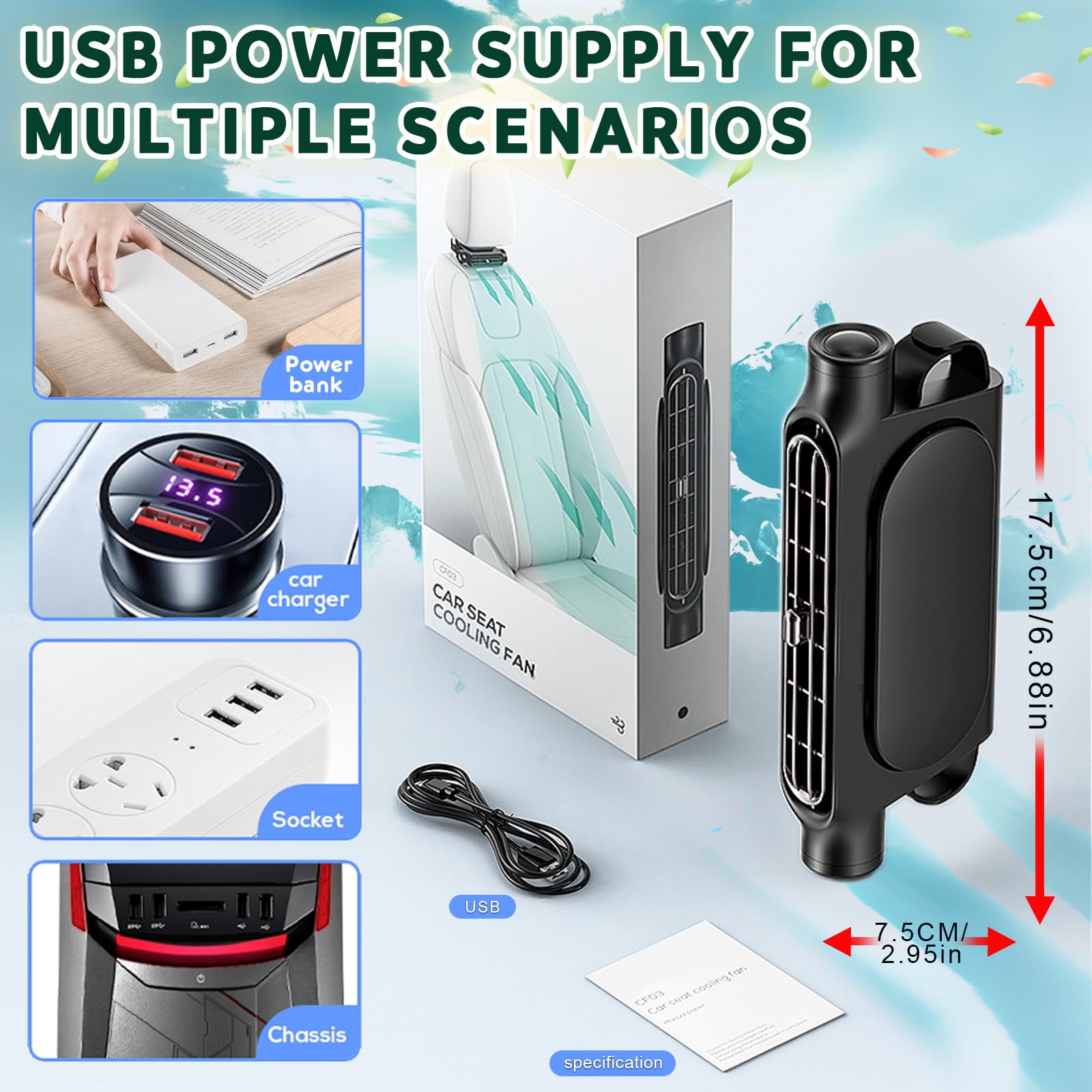 Mini Car Mounted Seat Back Cooling Fan Portable Vehicle Fan 3 Speed Headrest Silent Cooler Car Seat Cooling Fan for SUV RV Truck Sedan Mini Seat Fan for Office for Kids (Black)
