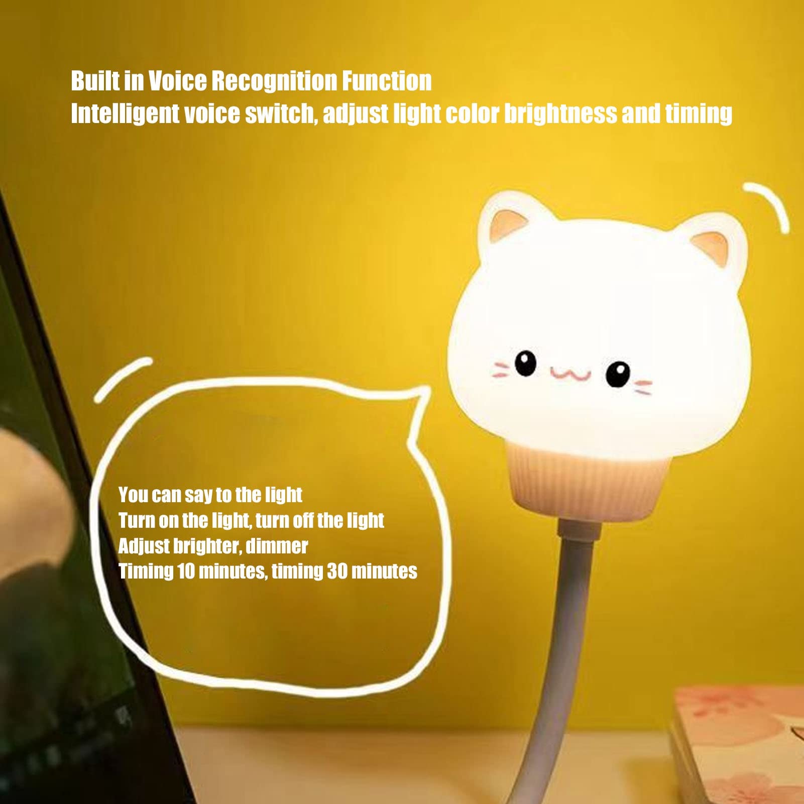 USB Night Light, Voice Control Cat Night Light LED Nursery Bedside Portable Cute Nursery Night Lamp for Baby Girls Bedrooms Living Room