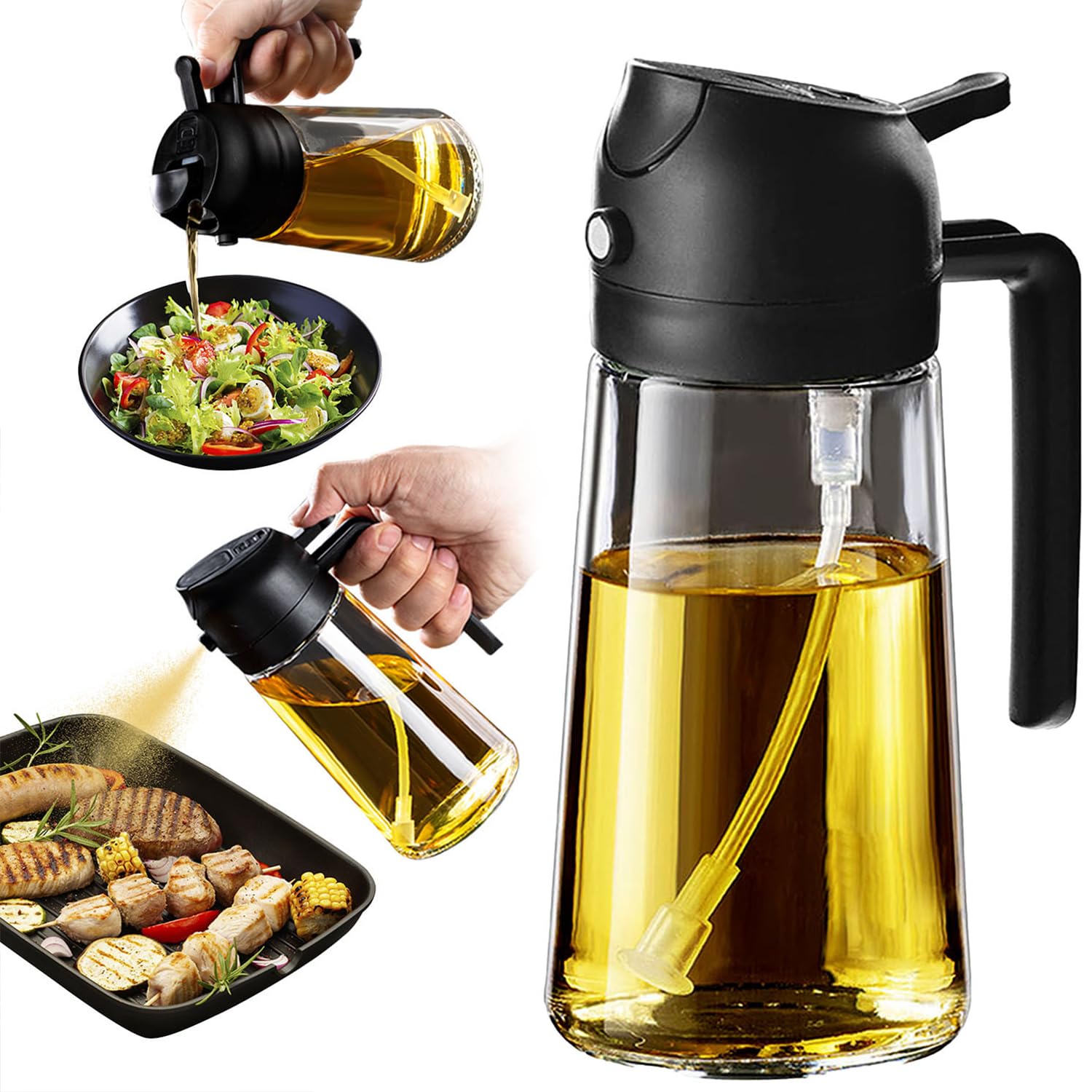16 Ounce /470 ml 2 in 1 Olive Oil Dispenser, Suitable for Kitchen Gadgets, Air Fryers, Salads and BBQ-Black