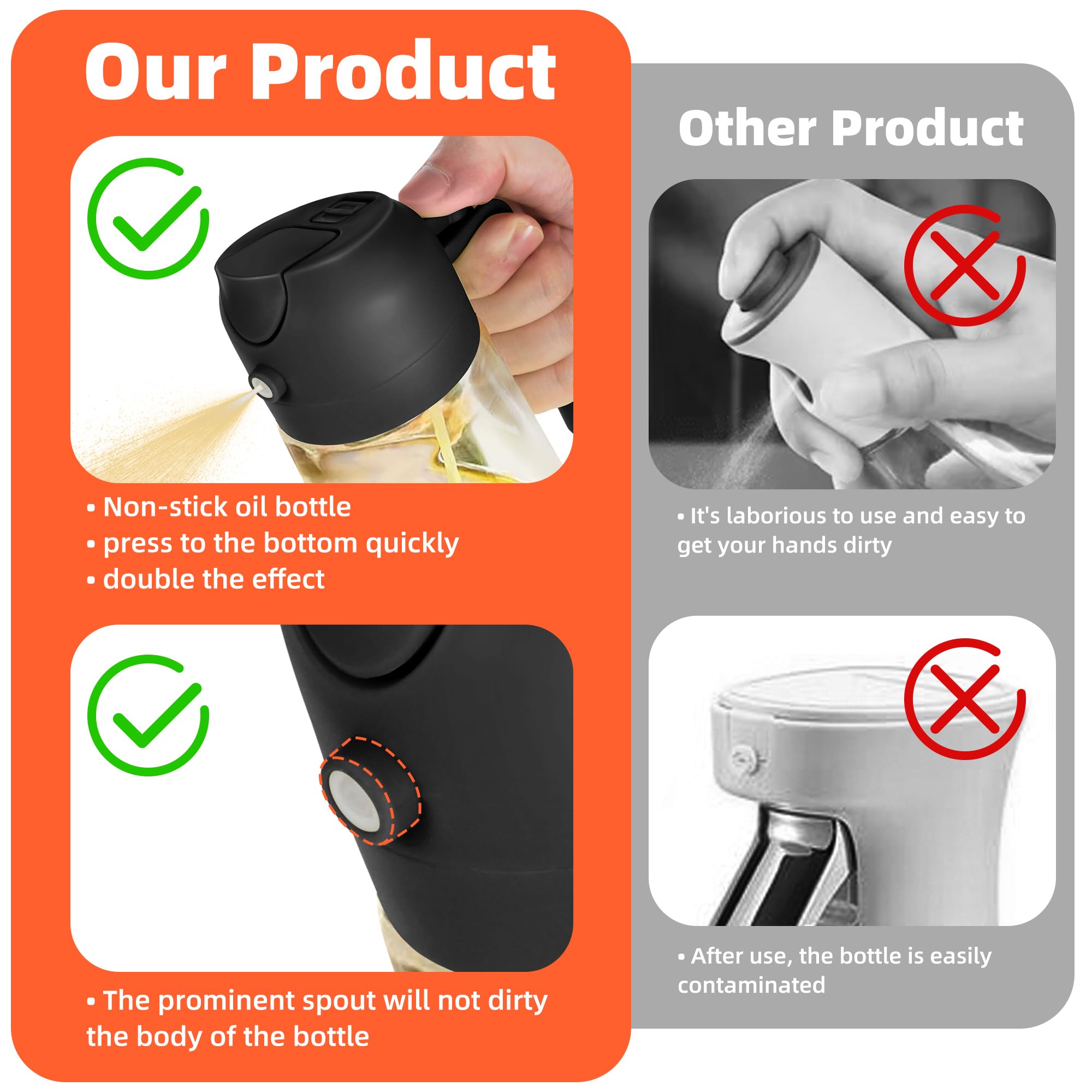 16 Ounce /470 ml 2 in 1 Olive Oil Dispenser, Suitable for Kitchen Gadgets, Air Fryers, Salads and BBQ-Black