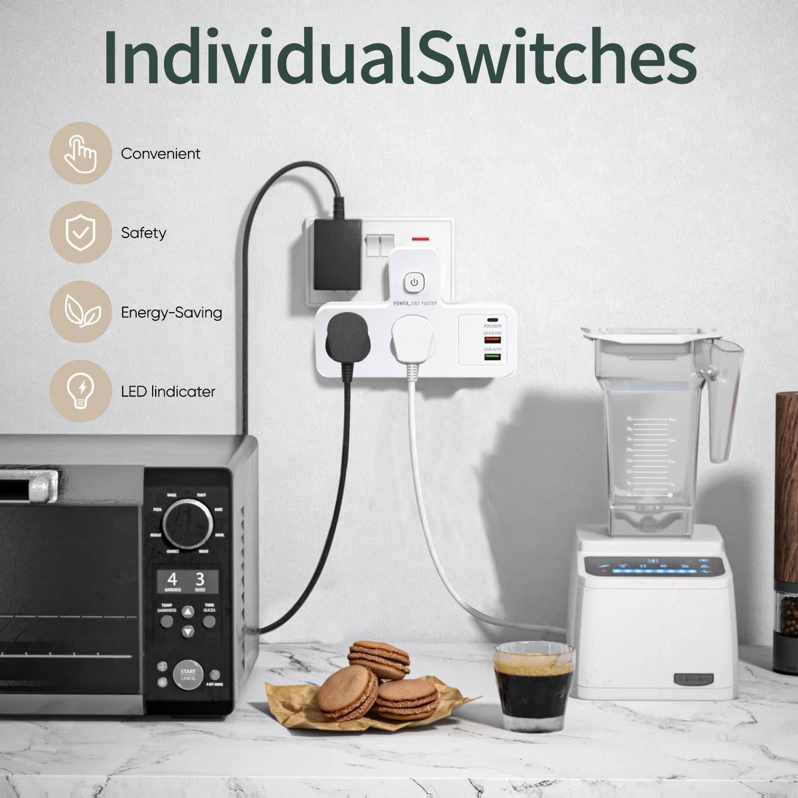 Standard Multi Plug Expansion Socket,Multifunctional Row Plug, Multi Hole Power Strip, One To Multiple Hole Household Use, 2-way Power Socket Extender, 2 USB Ports And A Type-C inter