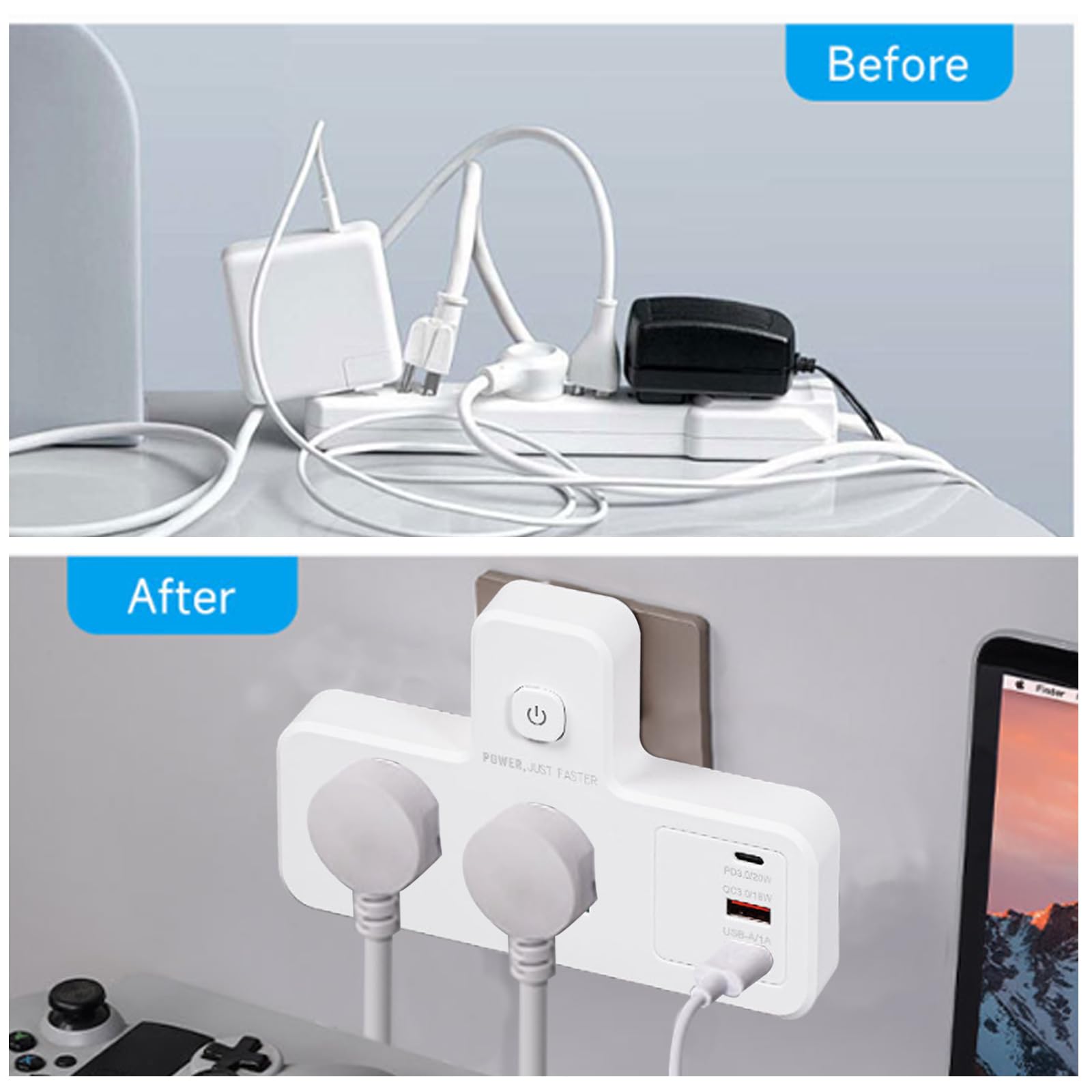 Standard Multi Plug Expansion Socket,Multifunctional Row Plug, Multi Hole Power Strip, One To Multiple Hole Household Use, 2-way Power Socket Extender, 2 USB Ports And A Type-C inter