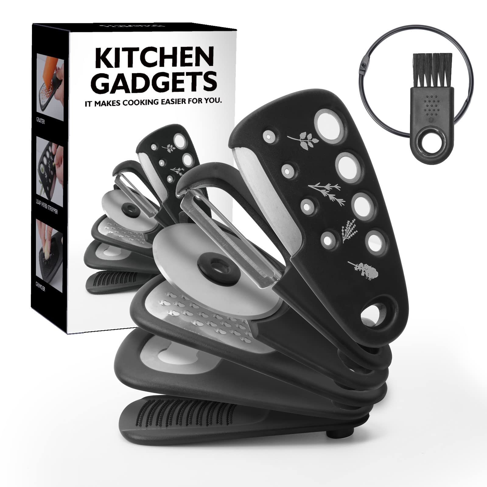 Kitchen Unique Gadgets Set 6 Pieces, Space Saving, Cheese Grater, Bottle Opener, Fruit Vegetable Peeler, Pizza Cutter, Garlic Ginger Grinder, Herb Stripper Gift Set