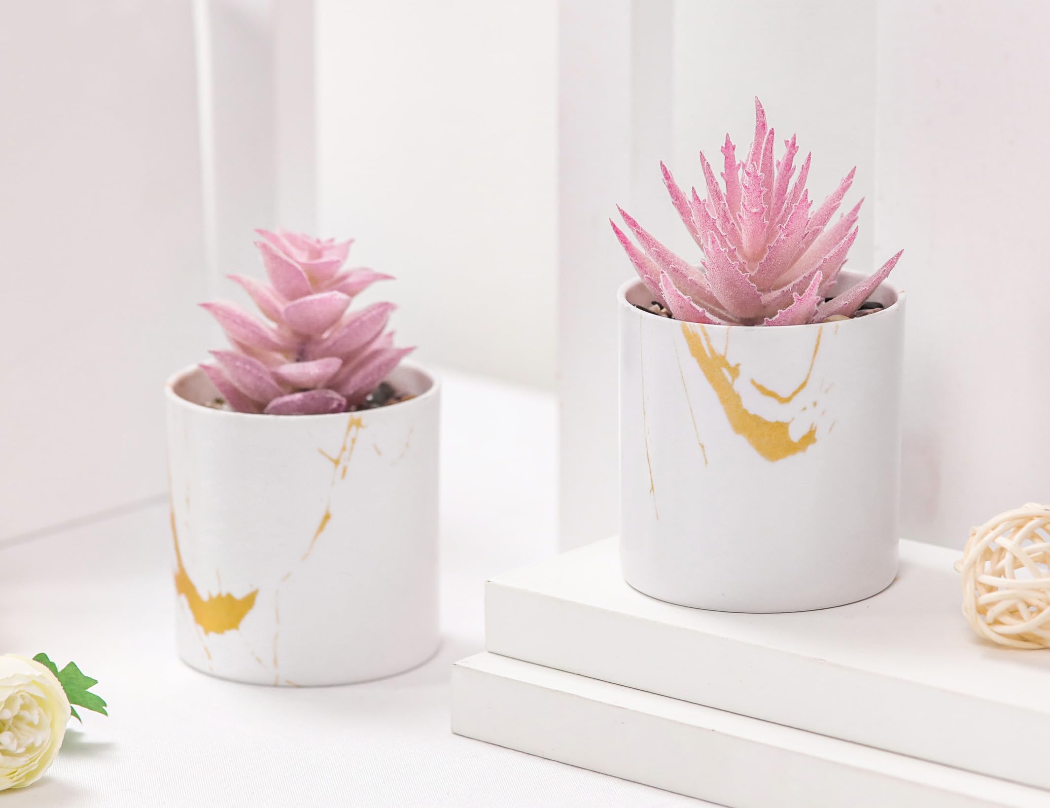 Set of 2 Succulents Plants Artificial Mini Fake Succulents Plants for Office Desk Accessories for Women Pink Home Vanity Decor