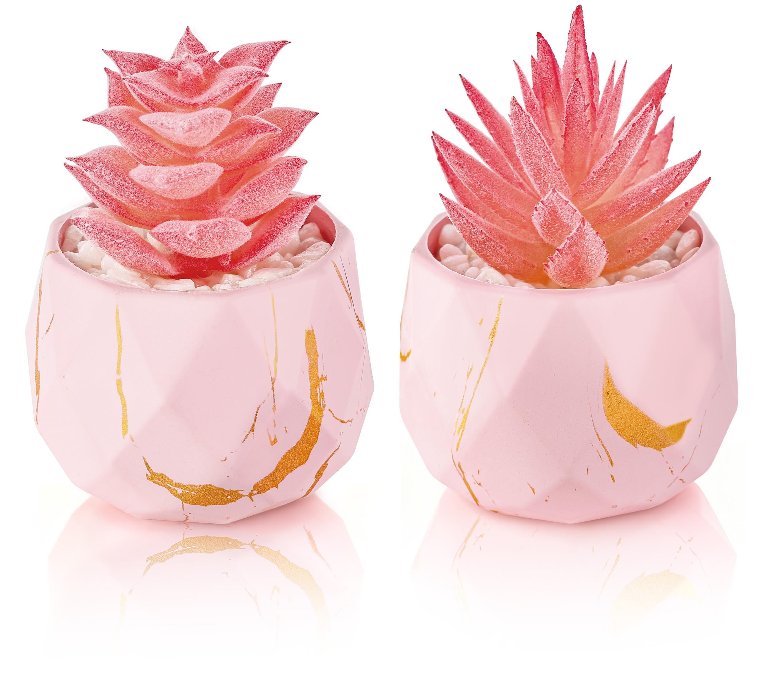 Set of 2 Fake Succulent Plants Mini Artificial Plants in Shatterproof Gold-Streak Pots, Pink Room Decor for Bathroom Vanity, Office Desk Accessories, Gift for Women