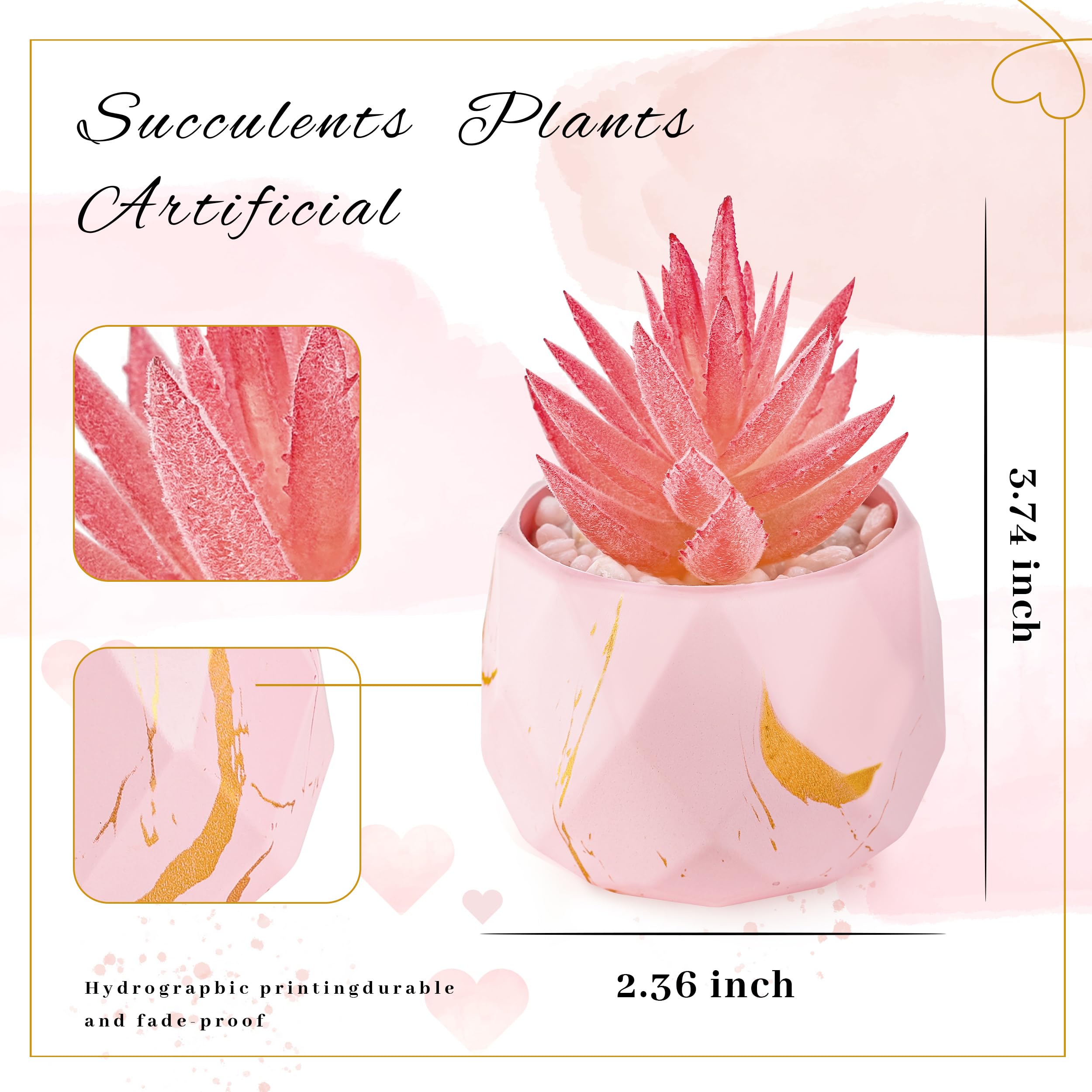 Set of 2 Fake Succulent Plants Mini Artificial Plants in Shatterproof Gold-Streak Pots, Pink Room Decor for Bathroom Vanity, Office Desk Accessories, Gift for Women