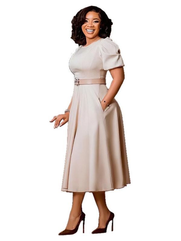 minimum qty 2 pcs,Round neck, elegant and refined, cinched waist, large swing, puffed sleeves, A-line , knee-length design mid dress with belt, matching belt that cinches at the waist ,pleated skirt
