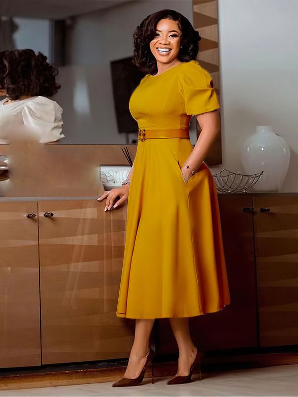 minimum qty 2 pcs,Round neck, elegant and refined, cinched waist, large swing, puffed sleeves, A-line , knee-length design mid dress with belt, matching belt that cinches at the waist ,pleated skirt