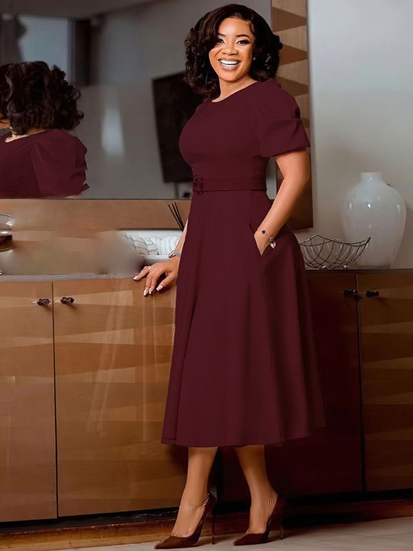 minimum qty 2 pcs,Round neck, elegant and refined, cinched waist, large swing, puffed sleeves, A-line , knee-length design mid dress with belt, matching belt that cinches at the waist ,pleated skirt