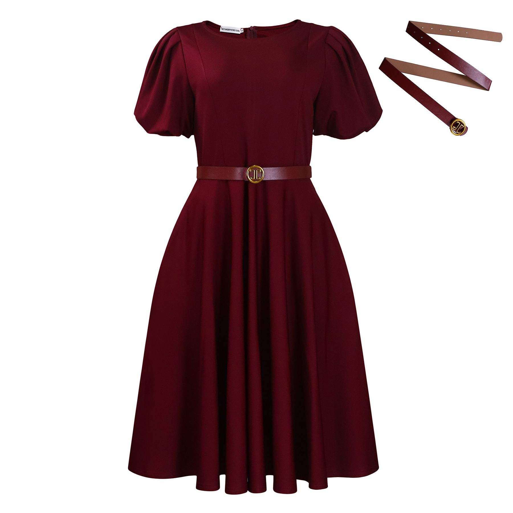 minimum qty 2 pcs,Round neck, elegant and refined, cinched waist, large swing, puffed sleeves, A-line , knee-length design mid dress with belt, matching belt that cinches at the waist ,pleated skirt