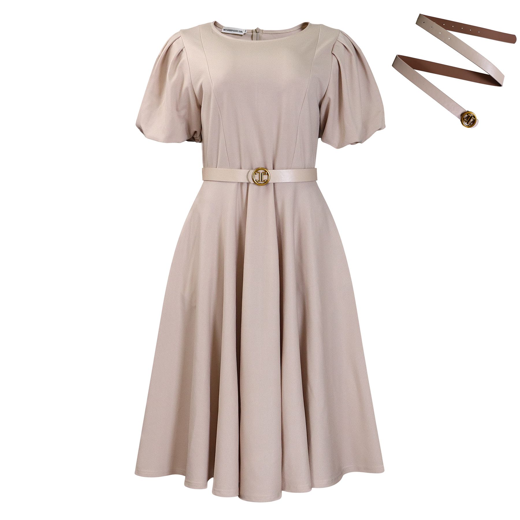 minimum qty 2 pcs,Round neck, elegant and refined, cinched waist, large swing, puffed sleeves, A-line , knee-length design mid dress with belt, matching belt that cinches at the waist ,pleated skirt