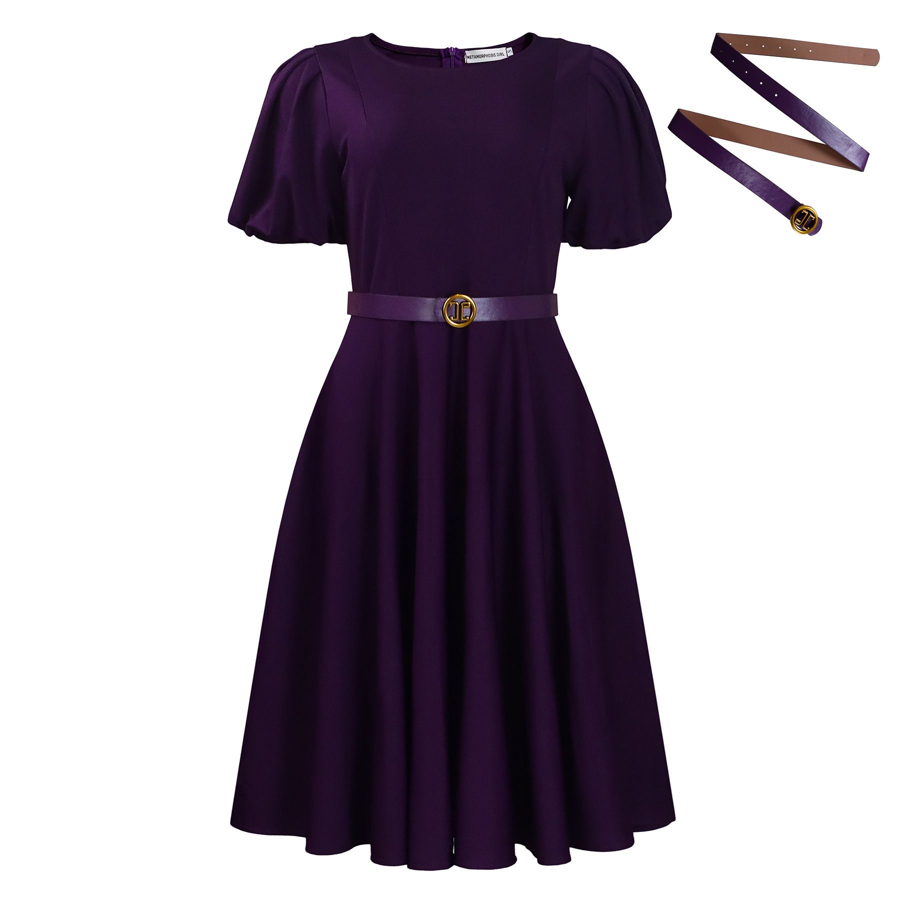 minimum qty 2 pcs,Round neck, elegant and refined, cinched waist, large swing, puffed sleeves, A-line , knee-length design mid dress with belt, matching belt that cinches at the waist ,pleated skirt