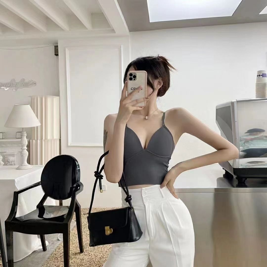 Deep v neckline camisole, french-style ice silk spaghetti-strap women's inner wear that can be worn as outerwear, supportive bra, backless, sleeveless crop  top design for hot girls.