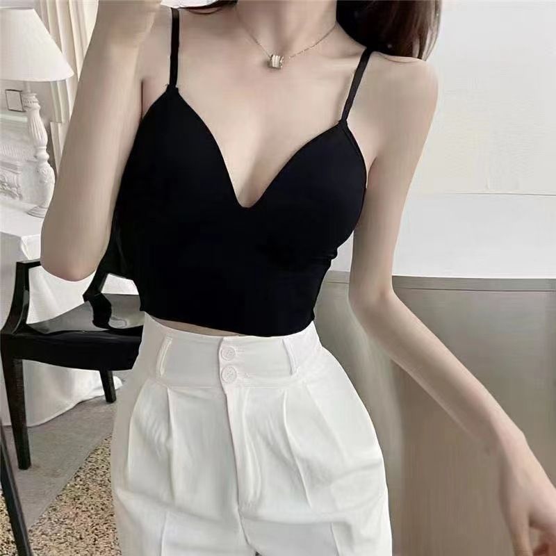 Deep v neckline camisole, french-style ice silk spaghetti-strap women's inner wear that can be worn as outerwear, supportive bra, backless, sleeveless crop  top design for hot girls.