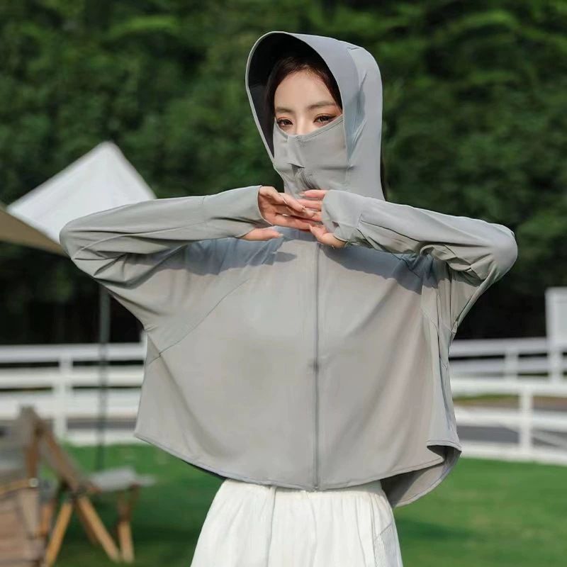 Black leather cap brimmed sun protection jacket for women - new summer style, ice silk breathable hooded sunshade coat, UV protection women's sun protection clothing