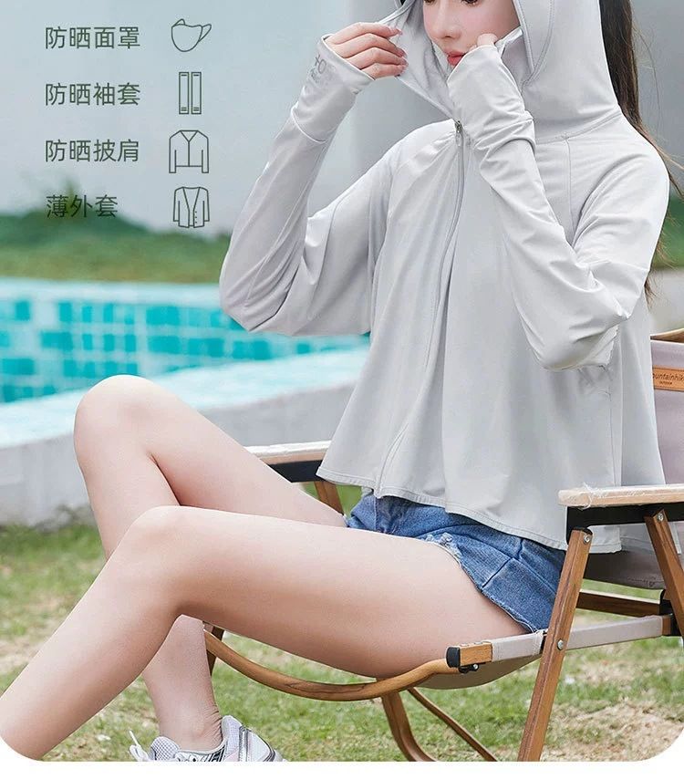 Black leather cap brimmed sun protection jacket for women - new summer style, ice silk breathable hooded sunshade coat, UV protection women's sun protection clothing