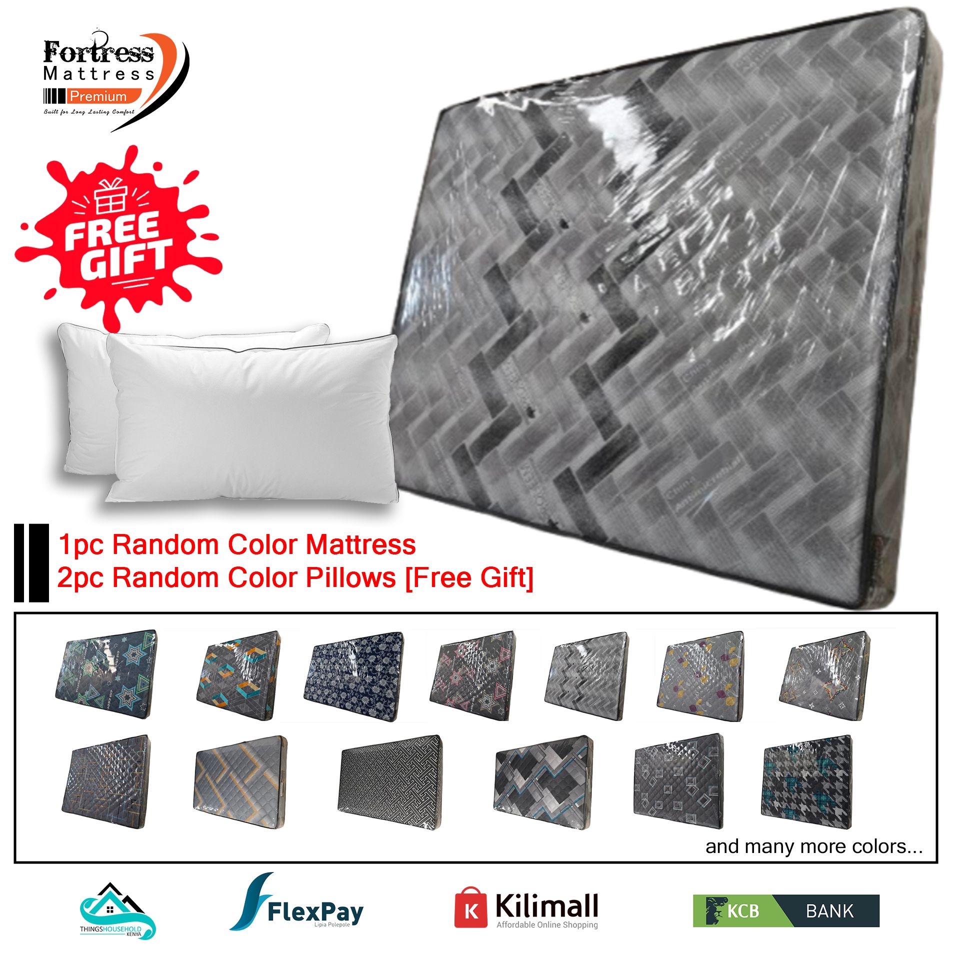 12-inch Fortress Premium Mattress [Random Color Dispatch] + 2pc Free Pillows - Orthopedic - Long Lasting - High Density- High Quality - Quilted Mattress