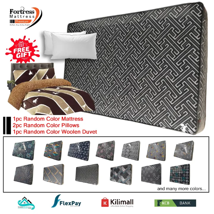3½x6ft Fortress Premium Mattress [Random Color Dispatch] - Orthopedic - Long Lasting - High Density- High Quality - Quilted Mattress + 2pc Free Gift Pillows + 1pc Random Color Woolen Duvet