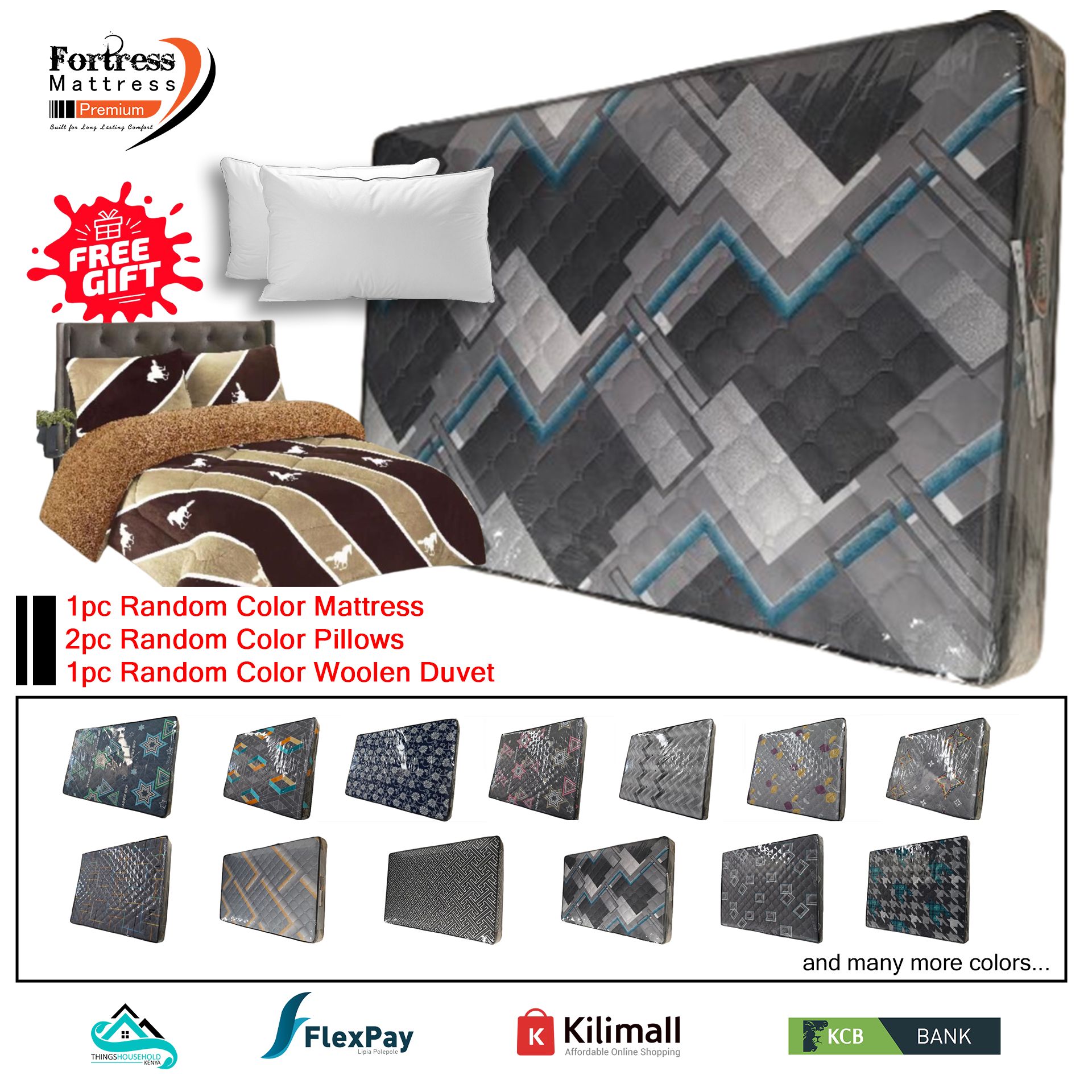 4x6ft Fortress Premium Mattress [Random Color Dispatch] - Orthopedic - Long Lasting - High Density- High Quality - Quilted Mattress + 2pc Free Gift Pillows + 1pc Random Color Woolen Duvet
