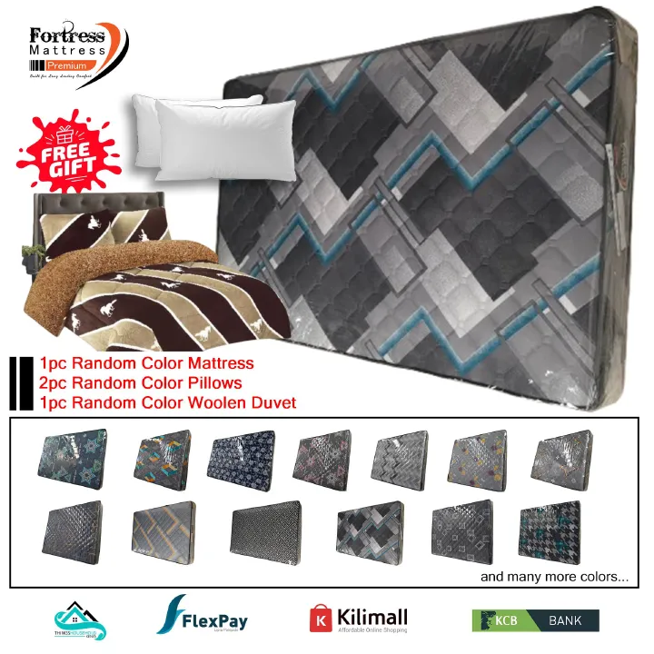 4x6ft Fortress Premium Mattress [Random Color Dispatch] - Orthopedic - Long Lasting - High Density- High Quality - Quilted Mattress + 2pc Free Gift Pillows + 1pc Random Color Woolen Duvet
