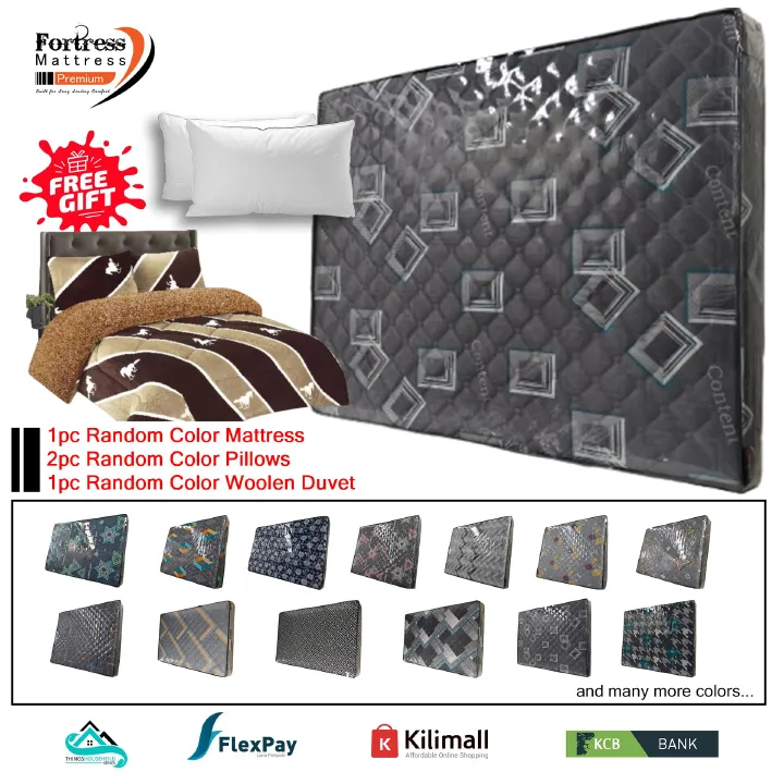 4½x6ft Fortress Premium Mattress [Random Color Dispatch] - Orthopedic - Long Lasting - High Density- High Quality - Quilted Mattress + 2pc Free Gift Pillows + 1pc Random Color Woolen Duvet