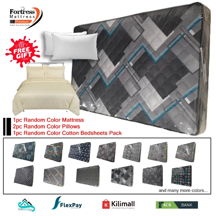 4x6ft Fortress Premium Mattress [Random Color Dispatch] - Orthopedic - Long Lasting - High Density- High Quality - Quilted Mattress + 2pc Free Gift Pillows + 1pc Random Color Bedsheets Pack