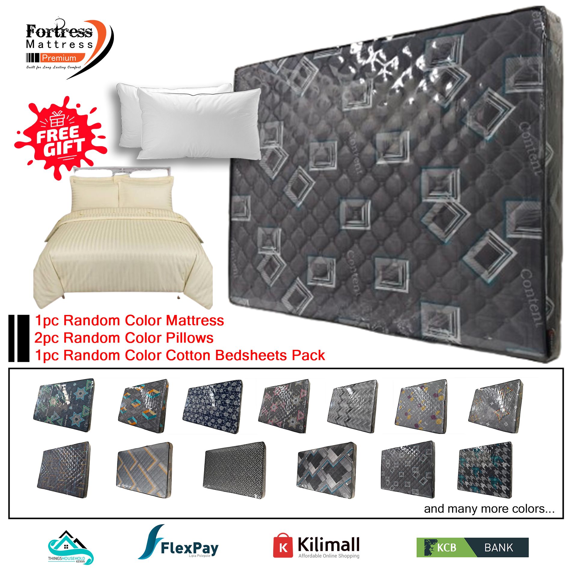 4½x6ft Fortress Premium Mattress [Random Color Dispatch] - Orthopedic - Long Lasting - High Density- High Quality - Quilted Mattress + 2pc Free Gift Pillows + 1pc Random Color Bedsheets Pack