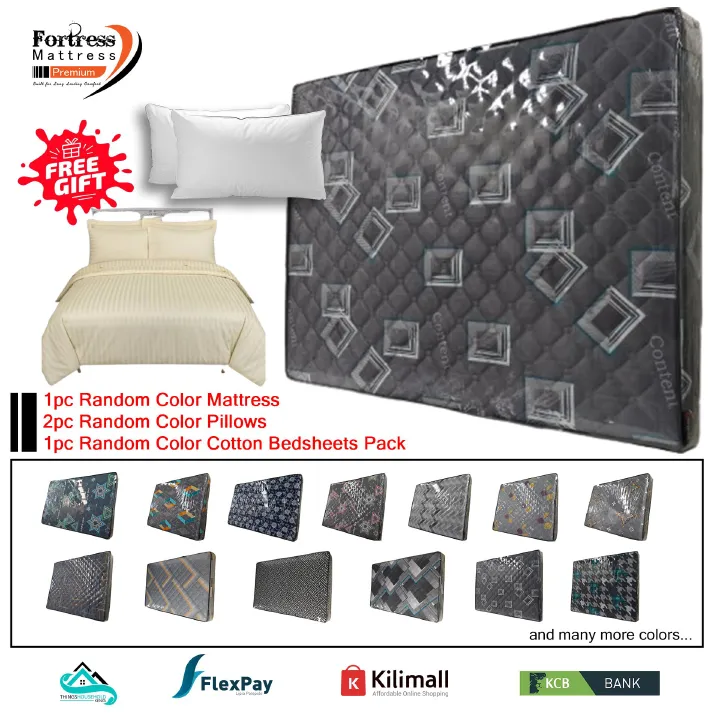 4½x6ft Fortress Premium Mattress [Random Color Dispatch] - Orthopedic - Long Lasting - High Density- High Quality - Quilted Mattress + 2pc Free Gift Pillows + 1pc Random Color Bedsheets Pack