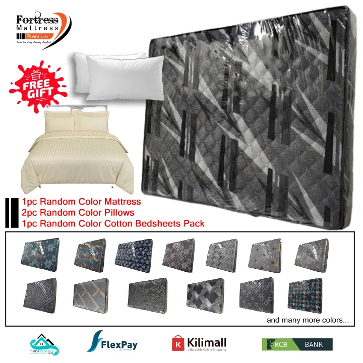 6x6ft Fortress Premium Mattress [Random Color Dispatch] - Orthopedic - Long Lasting - High Density- High Quality - Quilted Mattress + 2pc Free Gift Pillows + 1pc Random Color Bedsheets Pack