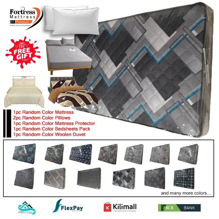 4x6ft Fortress Premium Mattress [Random Color Dispatch] - Orthopedic - Long Lasting - High Density- High Quality - Quilted Mattress + 2pc Free Gift Pillows + Mattress Protector+Bedsheets+Woolen Duvet