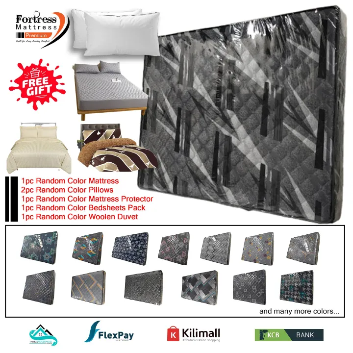 6x6ft Fortress Premium Mattress [Random Color Dispatch] - Orthopedic - Long Lasting - High Density- High Quality - Quilted Mattress + 2pc Free Gift Pillows + Mattress Protector+Bedsheets+Woolen Duvet