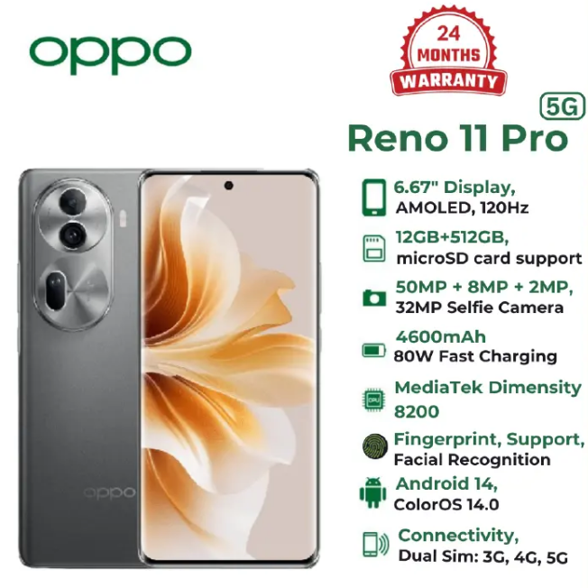 BRAND NEW OPPO Reno11 Pro 5G 12GB RAM + 512GB ROM 6.7" 120Hz 3D Curved Screen 50MP 80W 4600mAh Android 14 Dual SIM Smart Phones Fingerprint Reno 11Pro