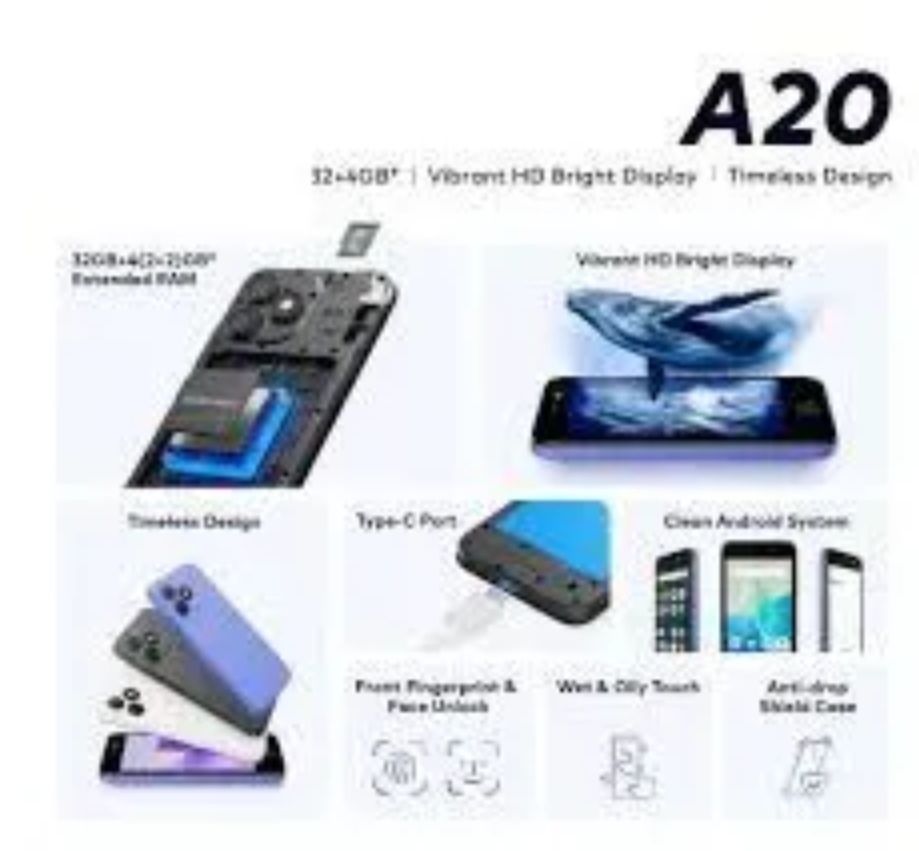 [Anniversary Offer]  Itel A20 32GB ROM+4 (2+2) GB RAM 6.56 inch Display 5000mAh Battery 50MP Back Main Camera Android 14 Unisoc Tiger T620 (12 nm) Chipset Smartphone