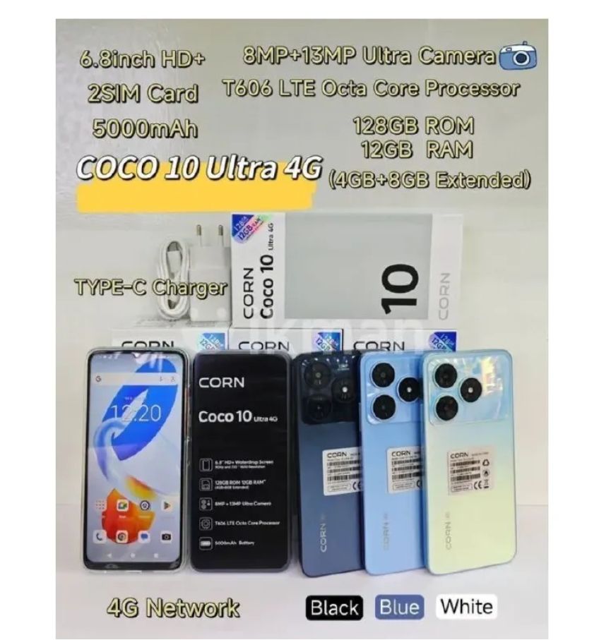 [New Arrival] Corn Coco 10 Ultra 4G 128GB+12GB(4+8)GB 5000mAh Battery 6.8 Inches HD+ Screen 13 MP Main camera 8MP Selfie 90Hz refresh rate Type-C Charger Android 14 Phone SmartPhone