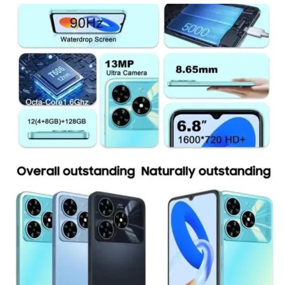 [New Arrival] Corn Coco 10 Ultra 4G 128GB+12GB(4+8)GB 5000mAh Battery 6.8 Inches HD+ Screen 13 MP Main camera 8MP Selfie 90Hz refresh rate Type-C Charger Android 14 Phone SmartPhone