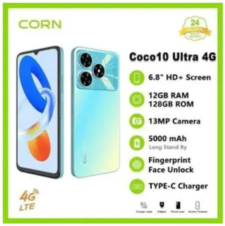 [New Arrival] Corn Coco 10 Ultra 4G 128GB+12GB(4+8)GB 5000mAh Battery 6.8 Inches HD+ Screen 13 MP Main camera 8MP Selfie 90Hz refresh rate Type-C Charger Android 14 Phone SmartPhone