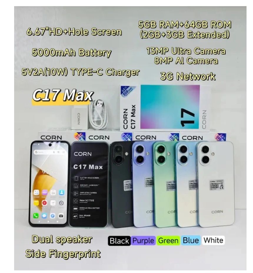 [NEW ARRIVAL] CORN C17 MAX 64GB + 5GB (3+2)GB 6.67'' HD Hole screen 5000mAh Battery 3G network 13MP ultra camera 8MP AL camera octa-core Android Dual speaker side-fingerprint smartphone