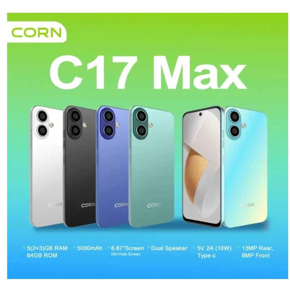 [NEW ARRIVAL] CORN C17 MAX 64GB + 5GB (3+2)GB 6.67'' HD Hole screen 5000mAh Battery 3G network 13MP ultra camera 8MP AL camera octa-core Android Dual speaker side-fingerprint smartphone
