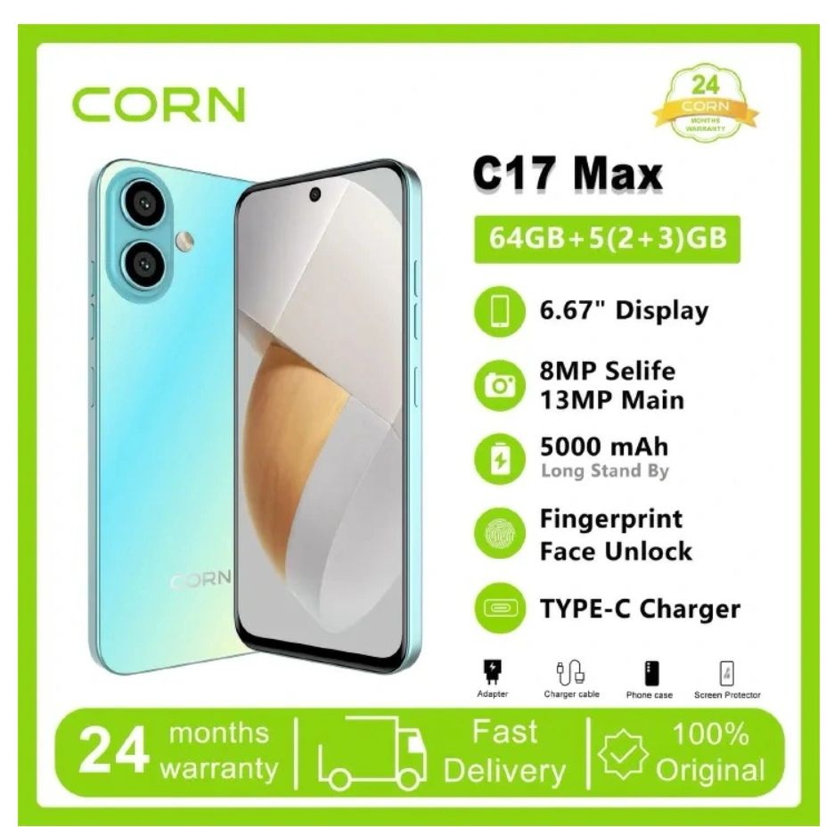 [NEW ARRIVAL] CORN C17 MAX 64GB + 5GB (3+2)GB 6.67'' HD Hole screen 5000mAh Battery 3G network 13MP ultra camera 8MP AL camera octa-core Android Dual speaker side-fingerprint smartphone