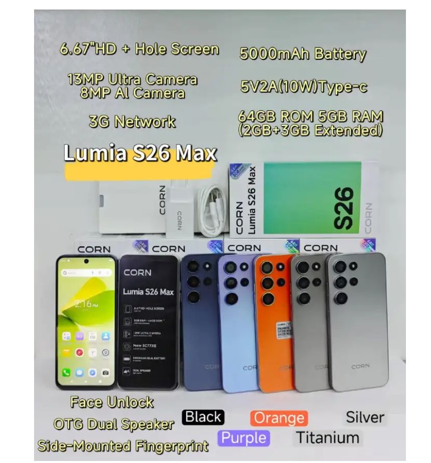 [New Launch] Corn Lumia S26 Max 64GB+5(2+3)GB 6.67"HD 60Hz Large 5000mAh Battery Dual Sim Card SmartPhone Side-Mounted Fingerprint Face Unlock 13MP Ultra Camera 8MP Android Smartphone
