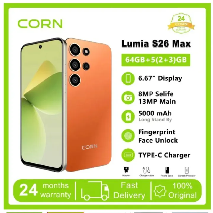 [New Launch] Corn Lumia S26 Max 64GB+5(2+3)GB 6.67"HD 60Hz Large 5000mAh Battery Dual Sim Card SmartPhone Side-Mounted Fingerprint Face Unlock 13MP Ultra Camera 8MP Android Smartphone