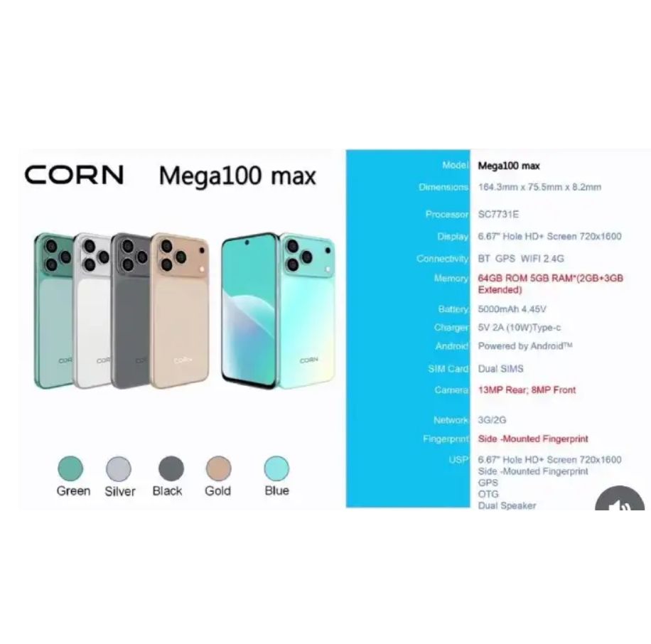 [New Launch] Corn Mega 100 Max 64GB+5(2+3)GB 6.67"HD 60Hz Large 5000mAh Battery Dual Sim Card SmartPhone Side-Mounted Fingerprint Face Unlock 13MP Ultra Camera 8MP Android Smartphone