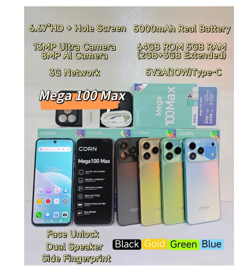 [New Launch] Corn Mega 100 Max 64GB+5(2+3)GB 6.67"HD 60Hz Large 5000mAh Battery Dual Sim Card SmartPhone Side-Mounted Fingerprint Face Unlock 13MP Ultra Camera 8MP Android Smartphone