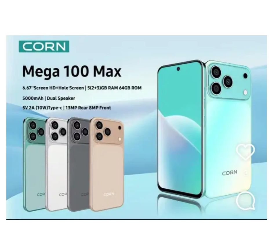 [New Launch] Corn Mega 100 Max 64GB+5(2+3)GB 6.67"HD 60Hz Large 5000mAh Battery Dual Sim Card SmartPhone Side-Mounted Fingerprint Face Unlock 13MP Ultra Camera 8MP Android Smartphone
